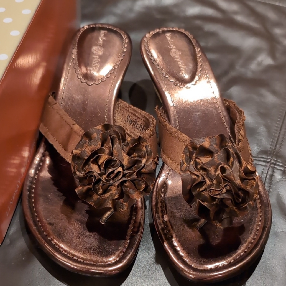Lindsay Phillips Bronze Sandals with Floral Accent